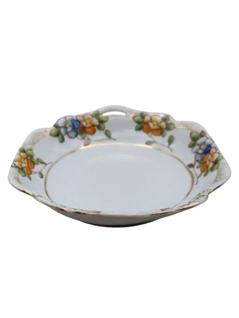 Serving Bowl Inset Handles Hand Painted Floral Porcelain Scalloped Japan Vintage